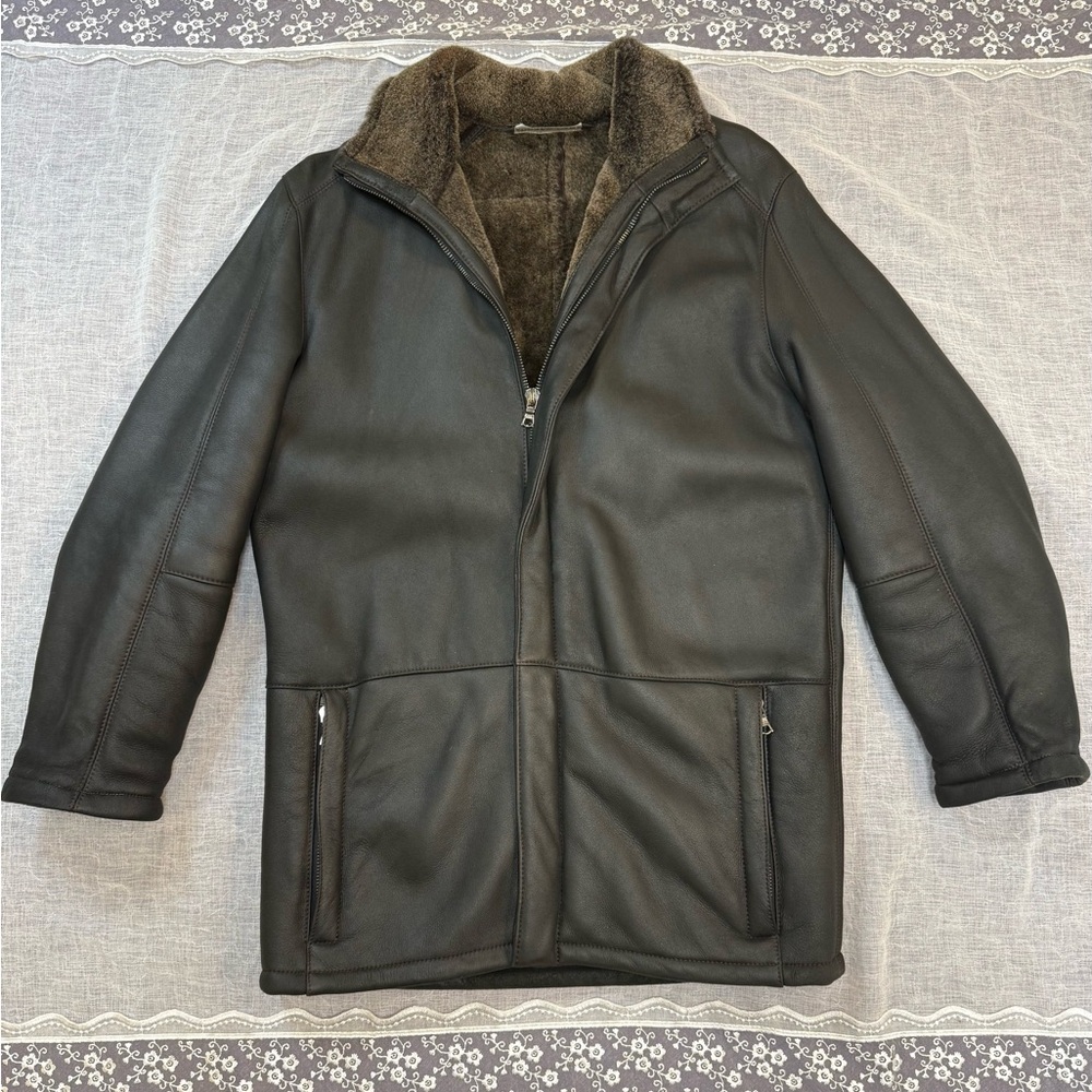 Andrew Marc black leather long, zip-front 100% genuine lamb shearling coat